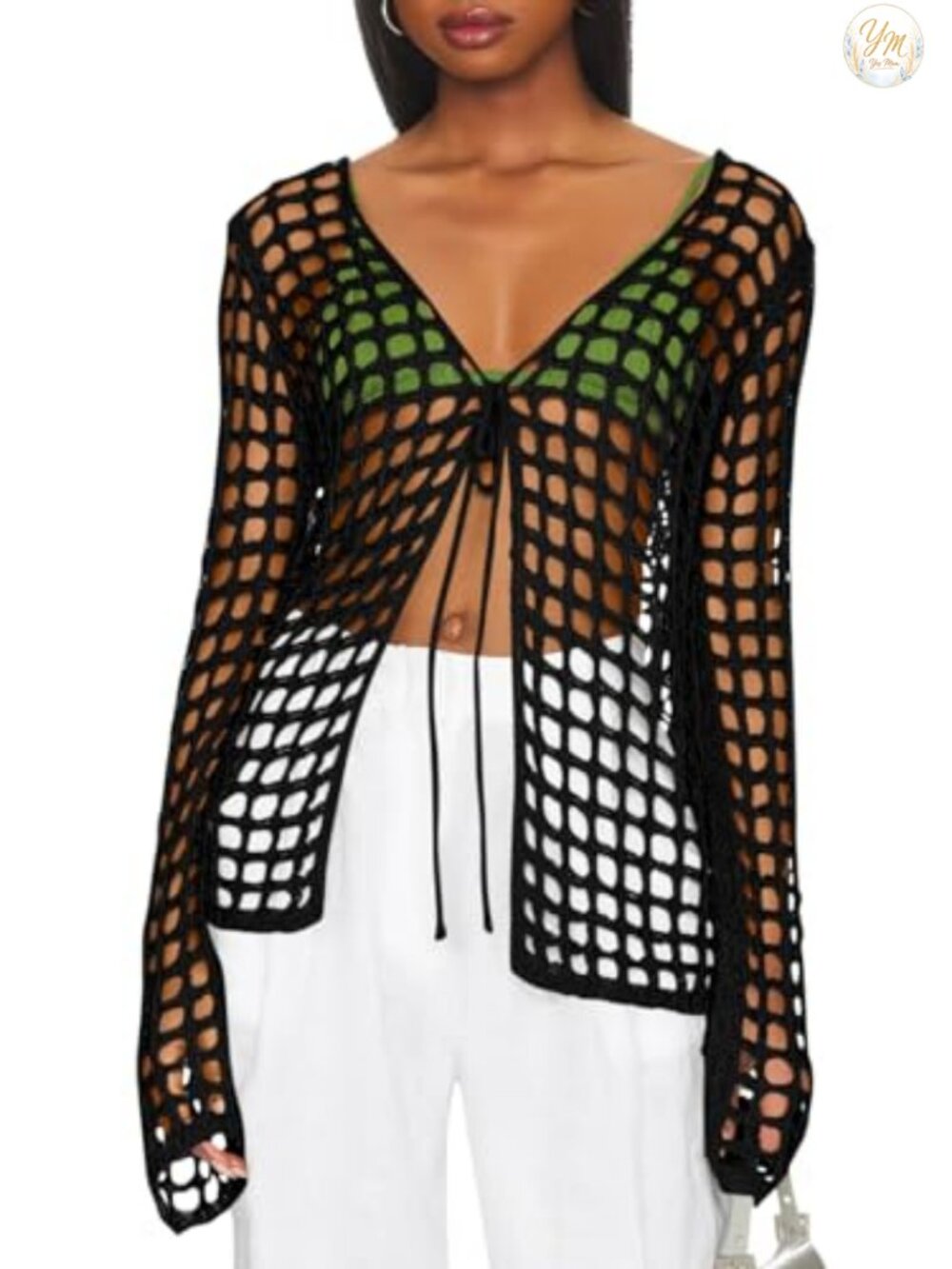 Women's Crochet Knit Swim Cover Up Long Sleeve Tie Front Hollow Out Cardigan